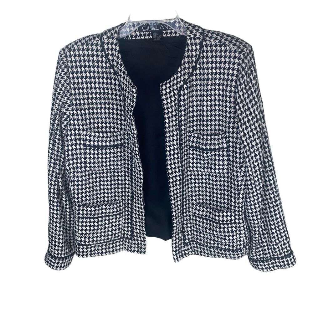 Silklandā Silk Black & White Houndstooth Blazer Suit Jacket Women's Size XL